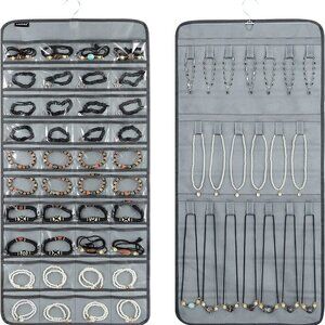 Dual-sided Hanging Jewelry Make Up with 40 Pockets  20 Hook Loops  Organizatio…